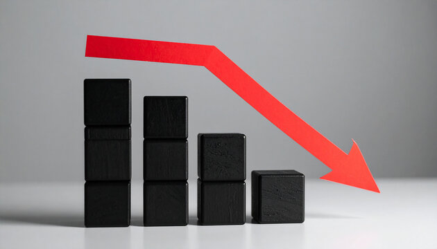 Minimalist black cubes bar graph with red arrow plunging downward. Financial decline, business risk