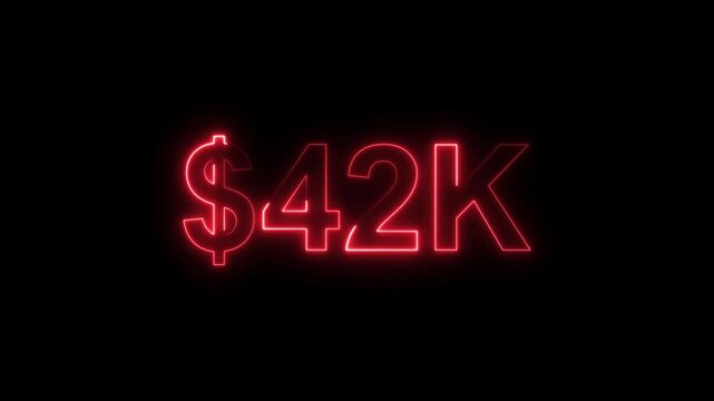 Neon line bright 42k followers isolated red color animation on black background. Vibrant neon shiny 42k text red color animation digits for high-resolution. 