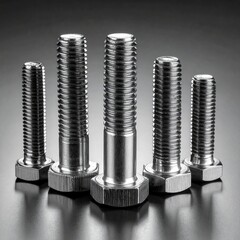 Shiny steel hex bolts of varying sizes, close-up