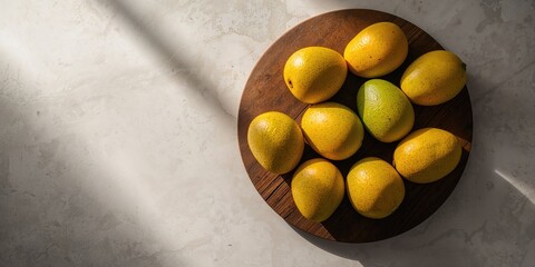 Fresh mango and avocados on a wooden chopping board, suitable for meal preparation
