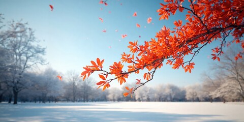 Vivid winter branch with orange leaves, highlighting seasonal transition