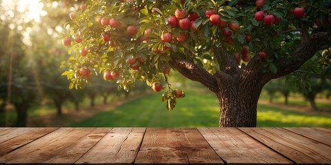 Apple tree scene with a wooden table top designed for display purposes or wooden montage, ideal as a text or UI backdrop