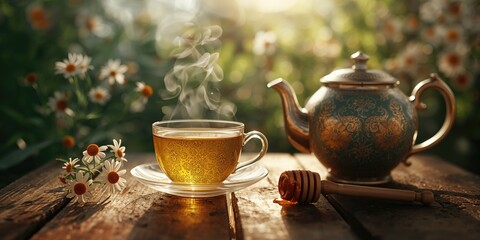 Fototapeta premium A cup of chamomile tea on a wooden surface, highlighting its role in supporting natural wellness, Earth Day
