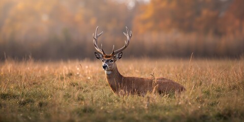 Fototapeta premium Close-up of a young red deer resting in grassland during autumn rutting season, seasonal behavior