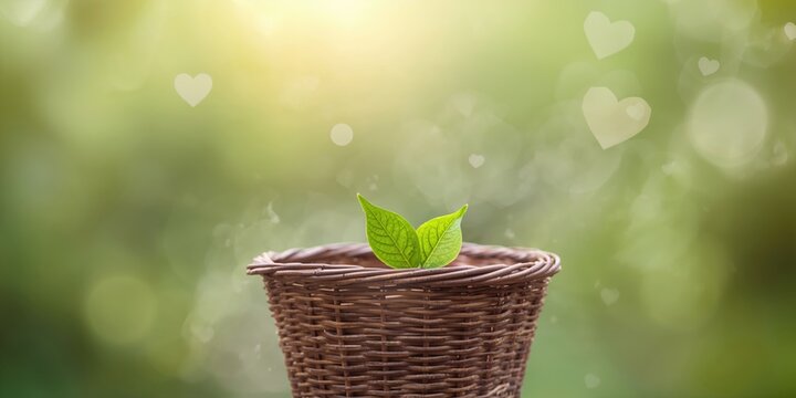 A bicycle basket filled with a green leaf for spring health, background pattern, heart motif, seasonal transition