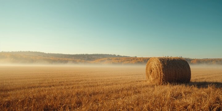 Harvest season scene featuring straw piles and farmland close to Edmonton suburbs during autumn in Alberta