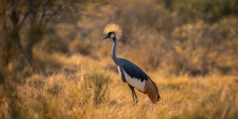 Fototapeta premium Crowned crane perched among tall grasses in a wildlife reserve, illustrating avian biodiversity