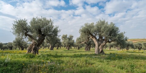 Naklejka premium Old olive trees in an orchard with flowers and grass beneath, seasonal growth, Earth Day