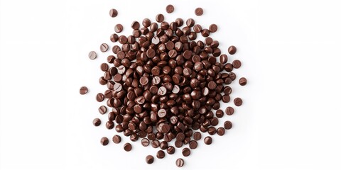 Top-down view of chocolate chips scattered on white surface, ideal for baking ingredients background