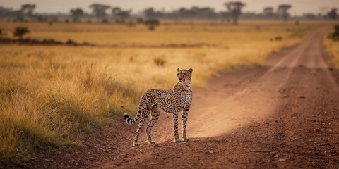 Cheetah on dirt track in natural setting, agility and speed for wildlife conservation awareness