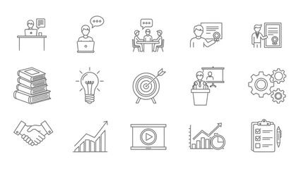 Collection of thin line business vector icons emphasizing teamwork and strategies for corporate