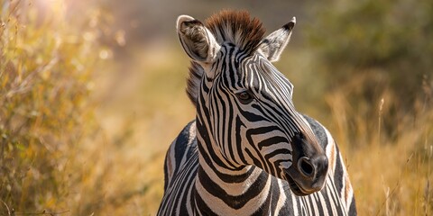 Closeup of a zebra on a sunny day, animal behavior and natural habitat