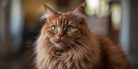 Fototapeta premium Close-up of a brown purebred cat's head facial features, focused on grooming behavior, pet care, World Animal Day