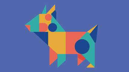Stylized geometric dog illustration with abstract shapes and vibrant color palette composition