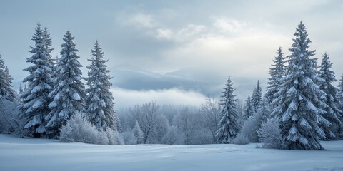 Obraz premium Fresh snow covering a pine forest, seasonal change and erosion risk