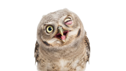 Close-up photo of a funny baby owl with a goofy face winking and tongue out isolated PNG with Transparent Background