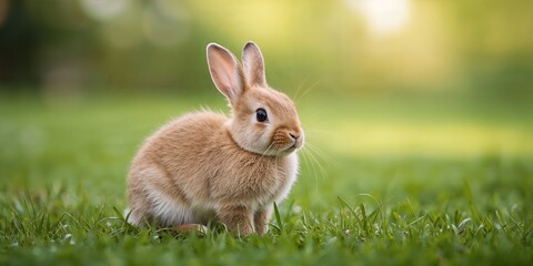 Fototapeta premium Brown rabbit resting on lush grass, suitable as a natural background for spring themes, Easter observance