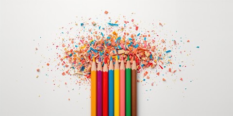 Colored pencil shavings on a white background serving as a visual motif for art supplies organization, editorial header background