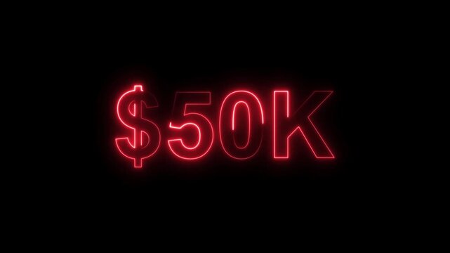 Neon line bright 50k followers isolated red color animation on black background. Vibrant neon shiny 50k text red color animation digits for high-resolution. 