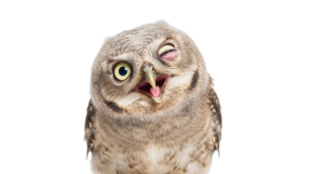 Close-up photo of a funny baby owl with a goofy face winking and tongue out isolated PNG with Transparent Background