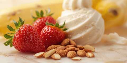 Close-up of banana and ice cream with almond and strawberry accents, ideal for editorial food background