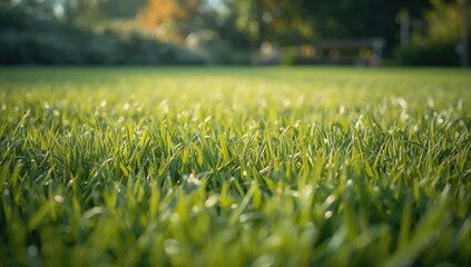 Naklejka premium Fresh, lush grass surface with vivid green hues, serving as a backdrop for text and graphic elements