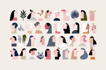 Diverse illustrated faces in profile with various hairstyles and expressions