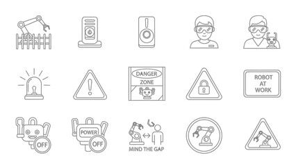 Automation safety protocols and industrial robotics hazards outlined in linear illustration style