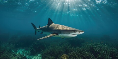Obraz premium Bull shark in Mexico, highlighting predator behavior and underwater environment