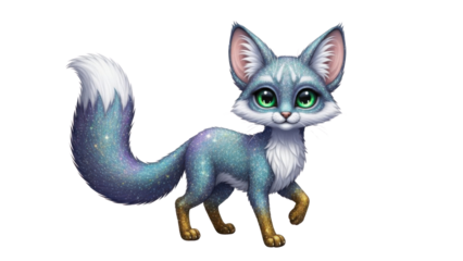 Magical Cute Blue Fantasy Fox Character with Glitter and Green Eyes isolated PNG with Transparent Background