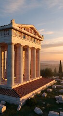 Fototapeta premium A sun-drenched ancient structure with fluted columns stands amidst ruins, overlooking a hilly landscape at sunrise