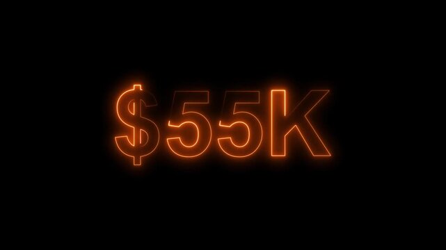 Neon line bright 55k followers isolated orange color animation on black background. Vibrant neon shiny 55k text orange  color animation digits for high-resolution. 