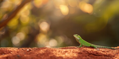 Fototapeta premium Green lizard resting on red sand in a forest landscape during summer, natural habitat, nature photography