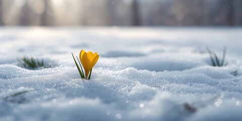 Fototapeta premium Crocus flower emerging from snow, early spring bloom, seasonal change, Nowruz