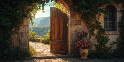 Rustic wooden gate and vintage door of an old house in a romantic scene, suitable for historical preservation