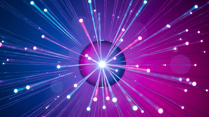 Naklejka premium Abstract Geometric Light Show: This eye-catching image presents a mesmerizing display of light rays and glowing orbs. Radiating from a central sphere, the lights burst forth.