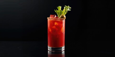 Vivid Bloody Mary drink placed on a black backdrop, suitable for bar menu or promotional layout