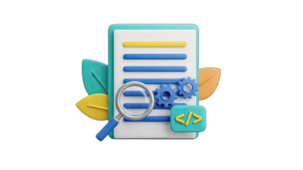 3D Illustration of Document Analysis with Magnifying Glass Gears and Code Folder on Transparent Background Representing Data Research and Software Development