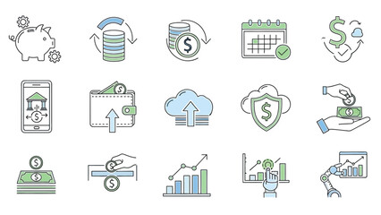 Financial technology and digital banking line icons illustration for modern economy and investments