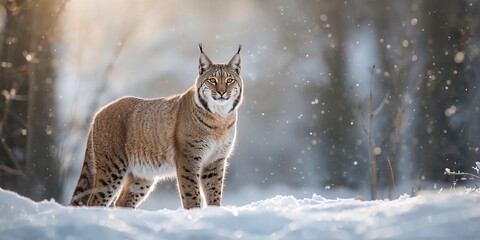 Fototapeta premium Lynx in a deer park during winter, focused on natural animal behavior in snowy forest setting, Earth Day