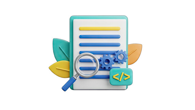 3D Illustration of Document Analysis with Magnifying Glass Gears and Code Folder on Transparent Background Representing Data Research and Software Development - Powered by Adobe