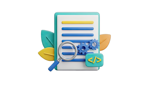 3D Illustration of Document Analysis with Magnifying Glass Gears and Code Folder on Transparent Background Representing Data Research and Software Development - Powered by Adobe
