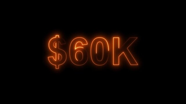 Neon line bright 60k followers isolated orange color animation on black background. Vibrant neon shiny 60k text orange  color animation digits for high-resolution. 