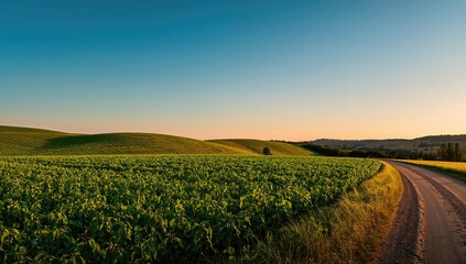 Naklejka premium Summer landscape with a blue sky and open fields, suitable for editorial header backgrounds