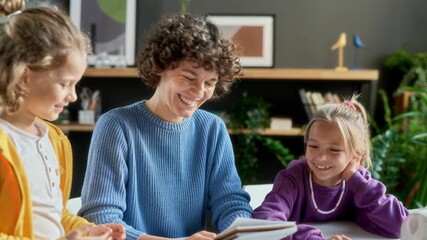 Cheerful woman enjoying playful moment with two young children, laughing together in cozy living room, AI generated video