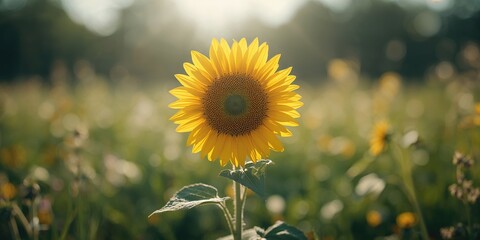 Fototapeta premium Sunflower bloom with vibrant yellow petals and textured seed head, suitable for nature-themed layouts