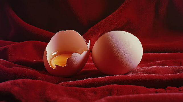 Two eggs are displayed on a rich, red velvet surface. One is cracked open, revealing its yolk, while the other remains whole, symbolizing fragility and potential. Concept of change.