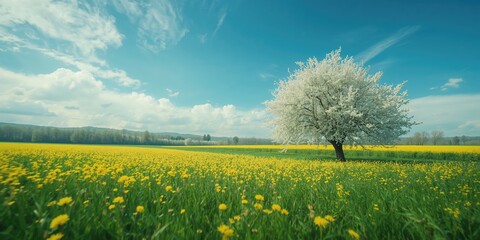 Naklejka premium Yellow-flowered orchard in spring with blossoming trees, highlighting seasonal renewal