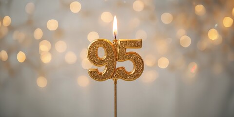Golden 95 celebration candle with blurred light background, used for festive decoration