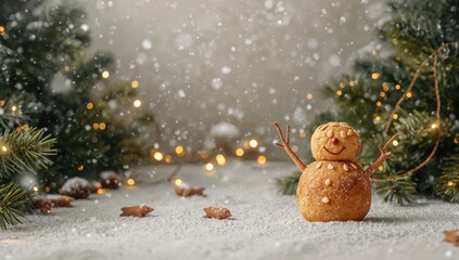 Snowman sculpture crafted from baked biscuits filled with almonds, festive Christmas decor and greetings, holiday season celebration